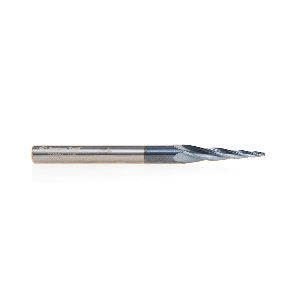 59442 Solid Carbide CNC 2D/3D Carving Steel, Stainless Steel & Composite Cutting Tapered Ball Nose with AlTiN Coating 4-Flute x 5.4 Deg x 1/32 Radius 1/16 Dia x 1-1/16 x 1/4 Shank x 3 Inch Long Up-Cut Router Bit
