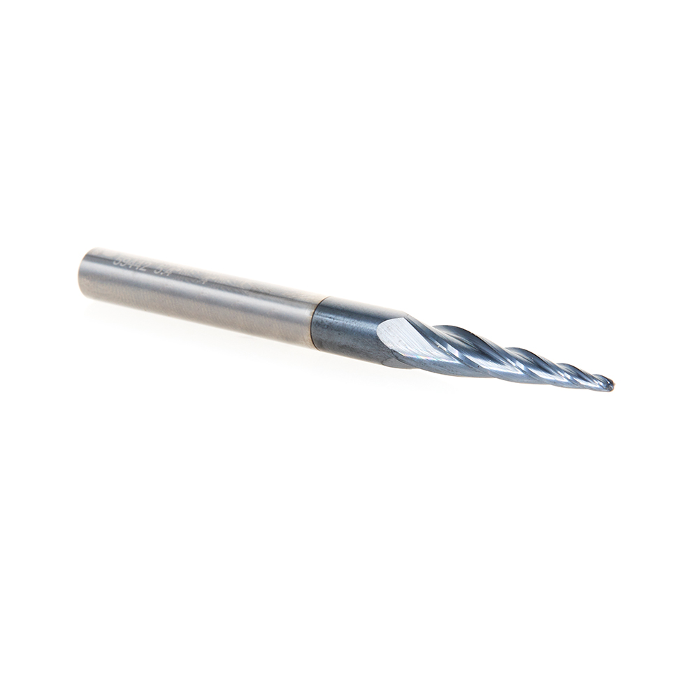 59442 Solid Carbide CNC 2D/3D Carving Steel, Stainless Steel & Composite Cutting Tapered Ball Nose with AlTiN Coating 4-Flute x 5.4 Deg x 1/32 Radius 1/16 Dia x 1-1/16 x 1/4 Shank x 3 Inch Long Up-Cut Router Bit