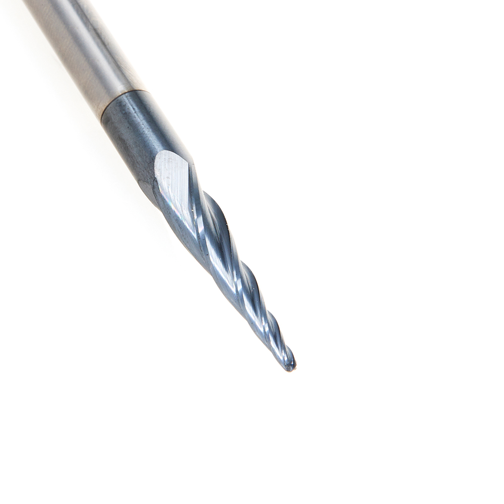 59442 Solid Carbide CNC 2D/3D Carving Steel, Stainless Steel & Composite Cutting Tapered Ball Nose with AlTiN Coating 4-Flute x 5.4 Deg x 1/32 Radius 1/16 Dia x 1-1/16 x 1/4 Shank x 3 Inch Long Up-Cut Router Bit