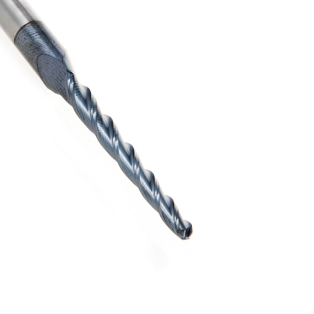 59444 Solid Carbide CNC 2D/3D Carving Steel, Stainless Steel & Composite Cutting Tapered Ball Nose with AlTiN Coating 3-Flute x 1 Deg x 1/16 Radius 1/8 Dia x 1-1/2 x 1/4 Shank x 3 Inch Long Up-Cut Router Bit