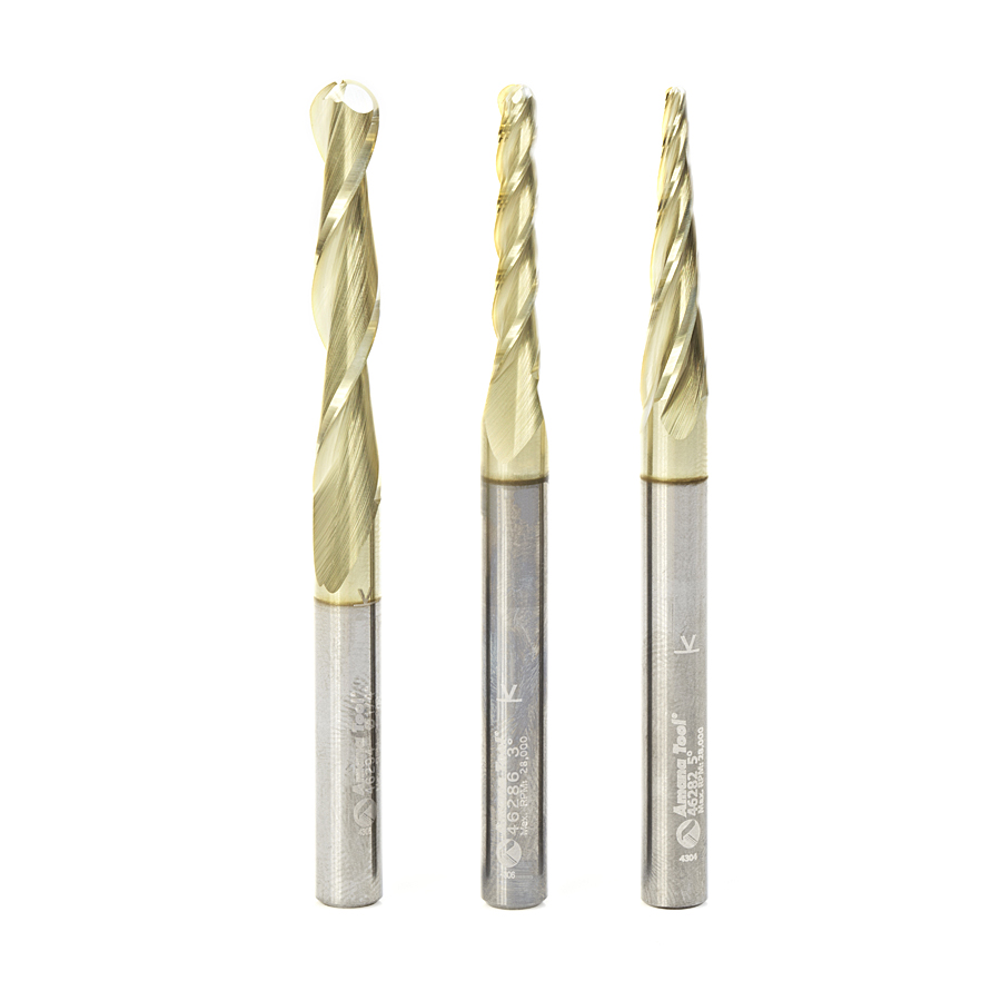 AMS-146 3-Pc Solid Carbide Up-Cut Spiral 2D/3D Carving Ball Nose ZrN Coated CNC Router Bit Set, 1/4 Inch Shank, Includes 1/16, 1/8 & 1/4 Diameters