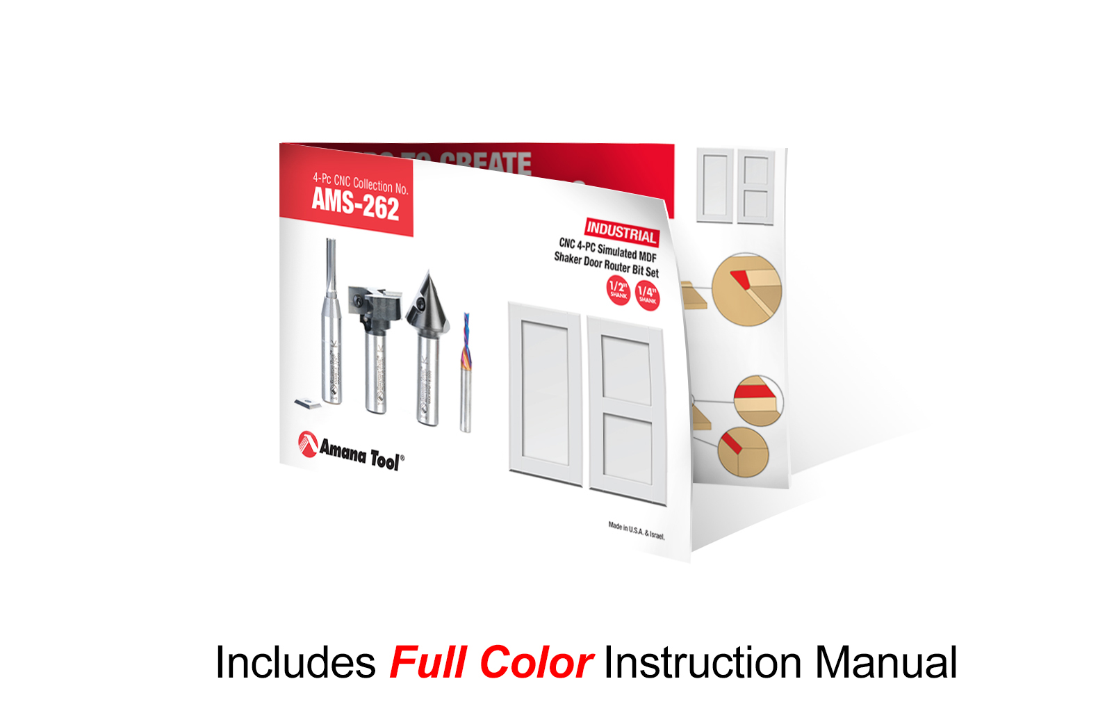 AMS-262 4-Pc CNC Solid and Insert Carbide Simulated MDF Shaker Door Router Bit Pack, 1/4 & 1/2 Inch Shank