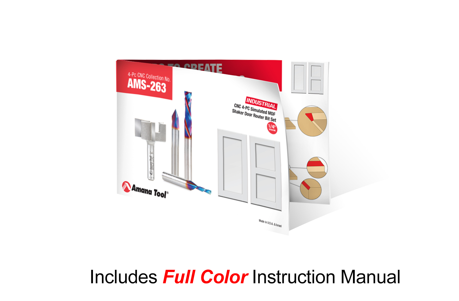 AMS-263 4-Pc CNC Solid Carbide and Carbide Tipped Simulated MDF Shaker Door Router Bit Pack, 1/4 Inch Shank