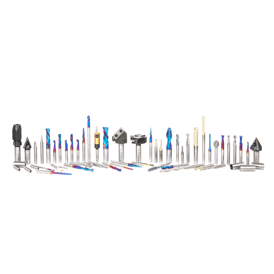 AMS-CNC-60 - Master CNC Router Bit Collection, 57-Pcs with LED Illuminated, Mirrored Interior and Solid Wood Display