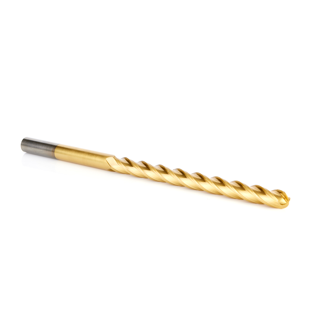 HSS1205 High Speed Steel (HSS) Foam Cutting Ball End Extended Reach 1/4 Radius x 1/2 Dia x 6 x 10 Long x 1/2 Shank CNC 4-Flute Spiral Up-Cut Router Bit TiN Coated