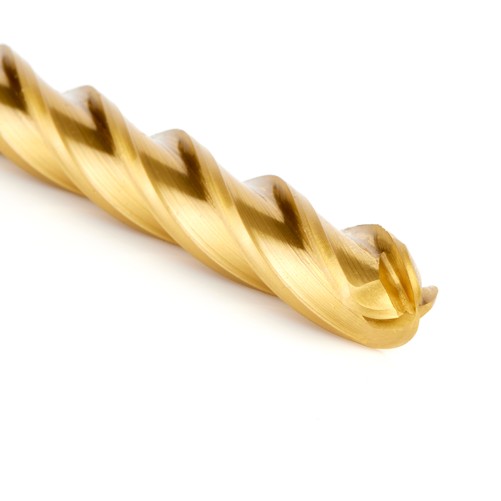 HSS1205 High Speed Steel (HSS) Foam Cutting Ball End Extended Reach 1/4 Radius x 1/2 Dia x 6 x 10 Long x 1/2 Shank CNC 4-Flute Spiral Up-Cut Router Bit TiN Coated