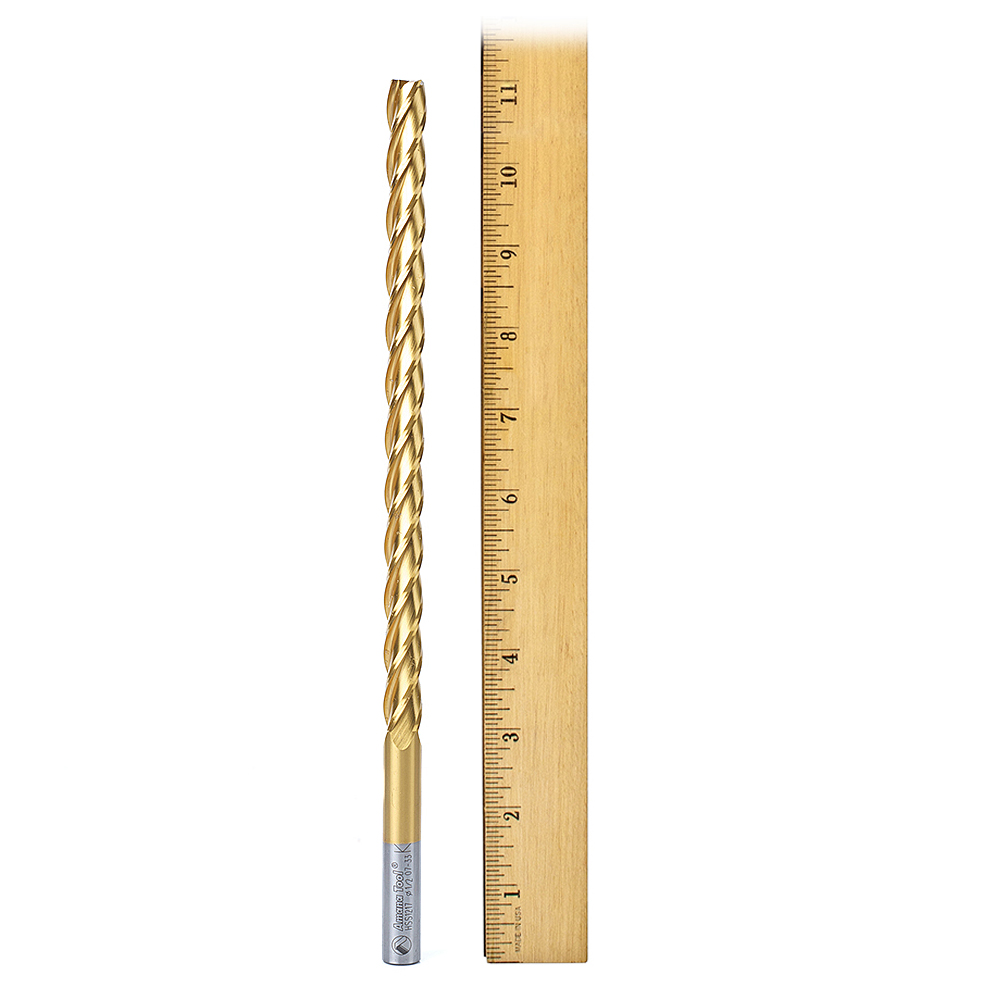 HSS1217 High Speed Steel (HSS) Foam Cutting End Mill Extended Reach 1/2 Dia x 8 x 11 Long x 1/2 Shank CNC 4-Flute Spiral Up-Cut Router Bit TiN Coated