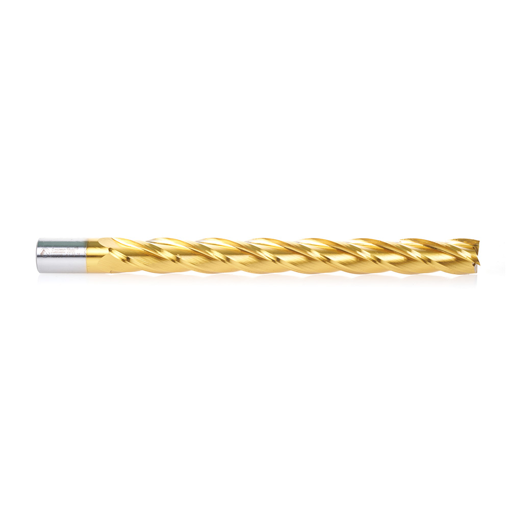 HSS1218 High Speed Steel (HSS) Foam Cutting End Mill Extended Reach 1 Dia x 10 x 12 Long x 1 Shank CNC 4-Flute Spiral Up-Cut Router Bit TiN Coated