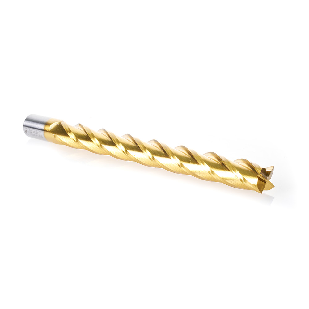 HSS1218 High Speed Steel (HSS) Foam Cutting End Mill Extended Reach 1 Dia x 10 x 12 Long x 1 Shank CNC 4-Flute Spiral Up-Cut Router Bit TiN Coated