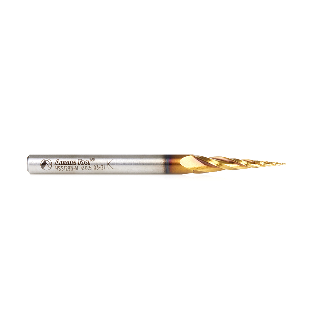 HSS1298-M CNC 2D and 3D Carving 5.8 Deg Tapered Angle Ball Tip x 0.5mm Dia x 0.25mm Radius x 26mm x 6mm Shank x 76mm Long x 3 Flute High Speed Steel (HSS) Up-Cut Spiral ZrN Coated Router Bit