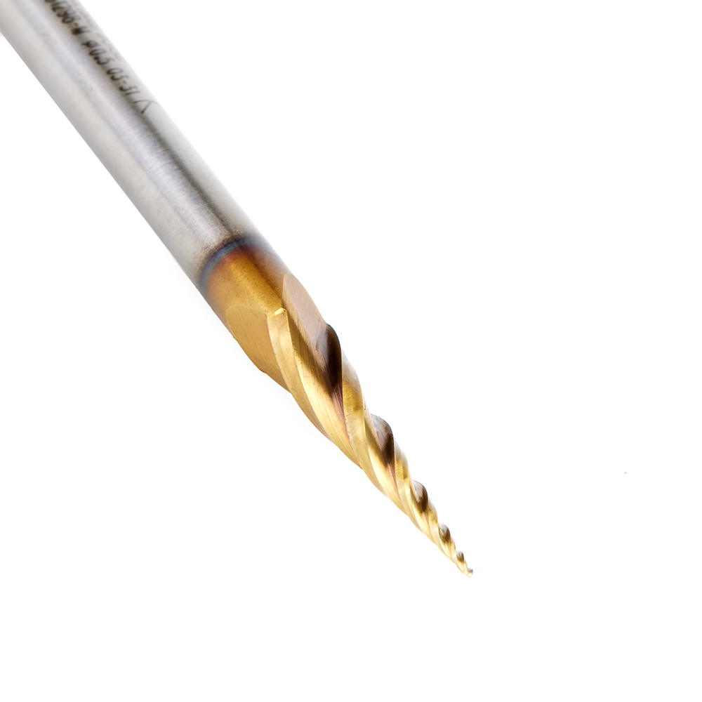 HSS1298-M CNC 2D and 3D Carving 5.8 Deg Tapered Angle Ball Tip x 0.5mm Dia x 0.25mm Radius x 26mm x 6mm Shank x 76mm Long x 3 Flute High Speed Steel (HSS) Up-Cut Spiral ZrN Coated Router Bit