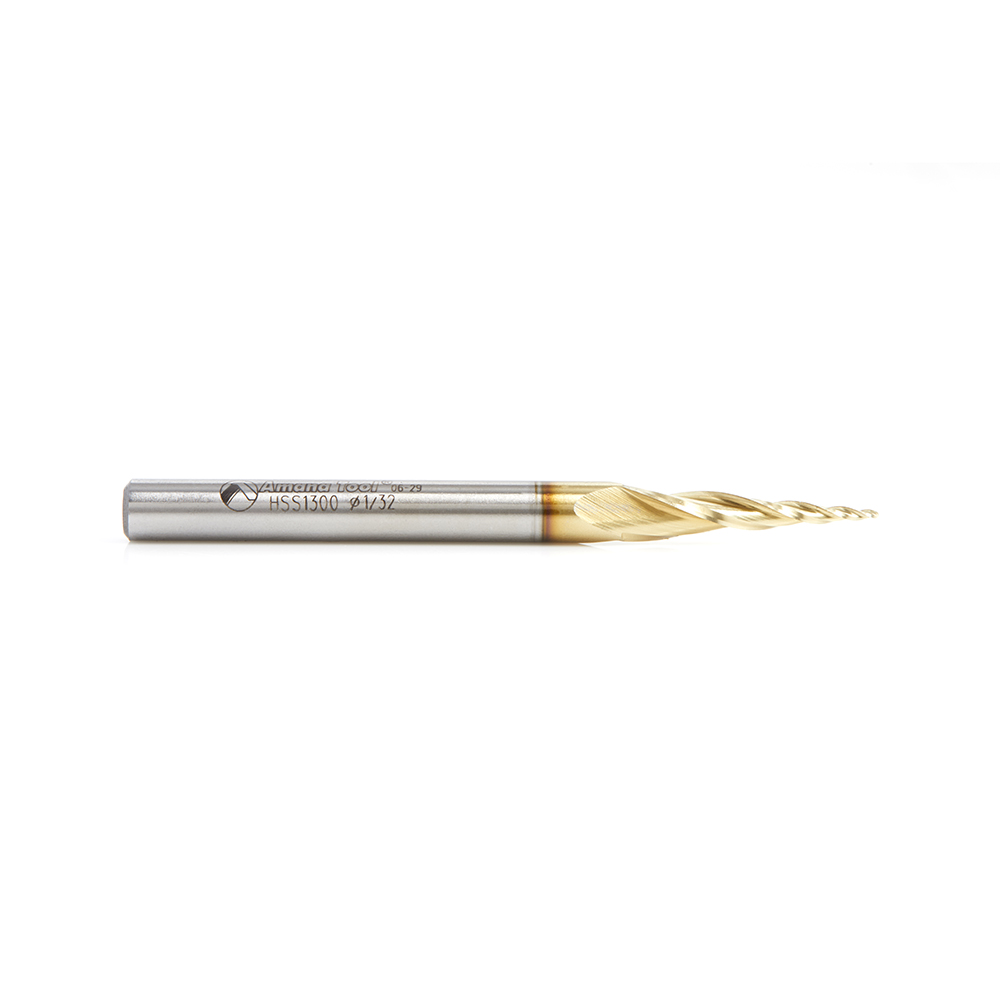 HSS1300 CNC 2D and 3D Carving 6.2 Deg Tapered Angle Ball Tip x 1/32 Dia x 1/64 Radius x 1 x 1/4 Shank x 3 Inch Long x 3 Flute High Speed Steel (HSS) Up-Cut Spiral ZrN Coated Router Bit