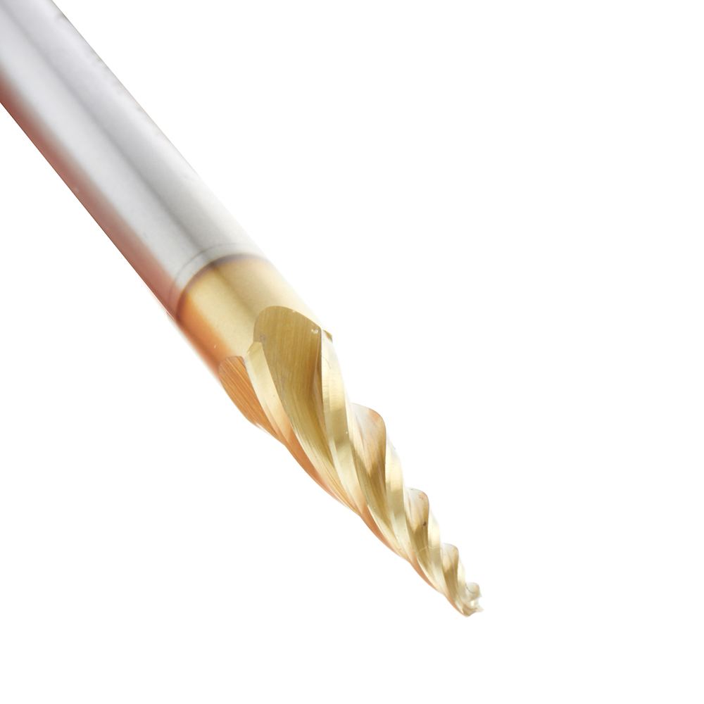 HSS1302 CNC 2D and 3D Carving 5.4 Deg Tapered Angle Ball Tip x 1/16 Dia x 1/32 Radius x 1 x 1/4 Shank x 3 Inch Long x 4 Flute High Speed Steel (HSS) Up-Cut Spiral ZrN Coated Router Bit