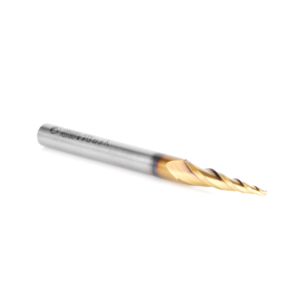 HSS1303-M CNC 2D and 3D Carving 5.1 Deg Tapered Angle Ball Tip x 1.5mm Dia x 0.75mm Radius x 26mm x 6mm Shank x 76mm Long x 3 Flute High Speed Steel (HSS) Up-Cut Spiral ZrN Coated Router Bit