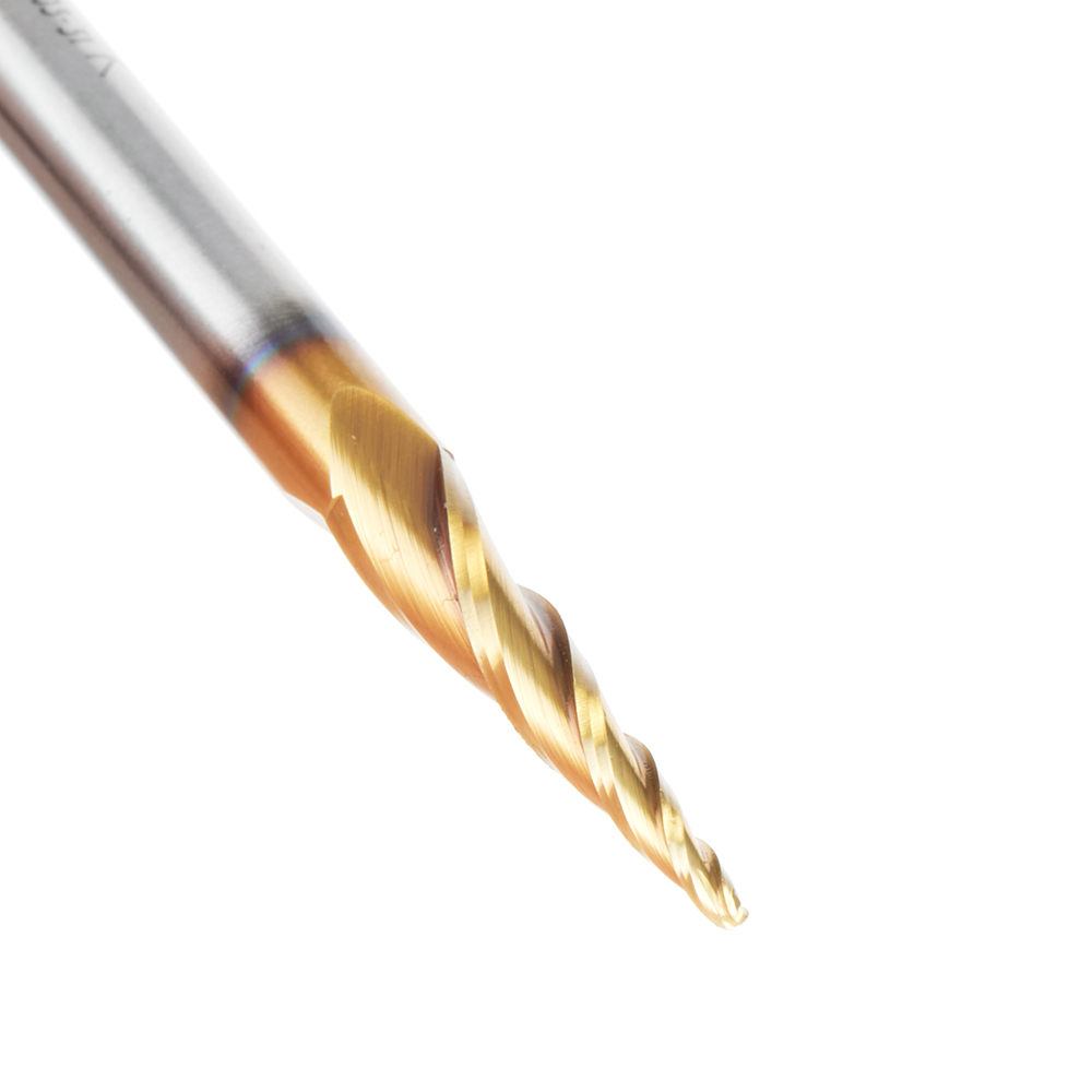 HSS1303-M CNC 2D and 3D Carving 5.1 Deg Tapered Angle Ball Tip x 1.5mm Dia x 0.75mm Radius x 26mm x 6mm Shank x 76mm Long x 3 Flute High Speed Steel (HSS) Up-Cut Spiral ZrN Coated Router Bit
