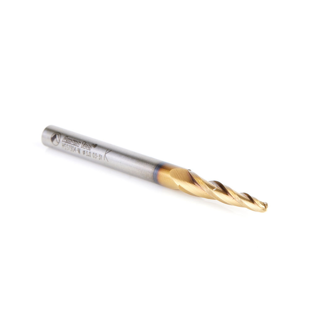 HSS1304-M CNC 2D and 3D Carving 3.5 Deg Tapered Angle Ball Tip x 3mm Dia x 1.5mm Radius x 26mm x 6mm Shank x 76mm Long x 3 Flute High Speed Steel (HSS) Up-Cut Spiral ZrN Coated Router Bit