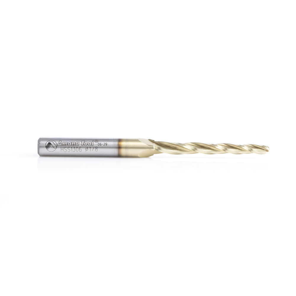 HSS1306 CNC 2D and 3D Carving 1.0 Deg Tapered Angle Ball Tip x 1/8 Dia x 1/16 Radius x 1-1/2 x 1/4 Shank x 3 Inch Long x 3 Flute High Speed Steel (HSS) Up-Cut Spiral ZrN Coated Router Bit