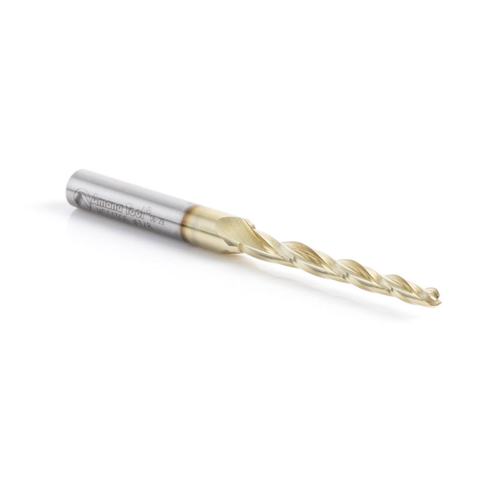 HSS1306 CNC 2D and 3D Carving 1.0 Deg Tapered Angle Ball Tip x 1/8 Dia x 1/16 Radius x 1-1/2 x 1/4 Shank x 3 Inch Long x 3 Flute High Speed Steel (HSS) Up-Cut Spiral ZrN Coated Router Bit