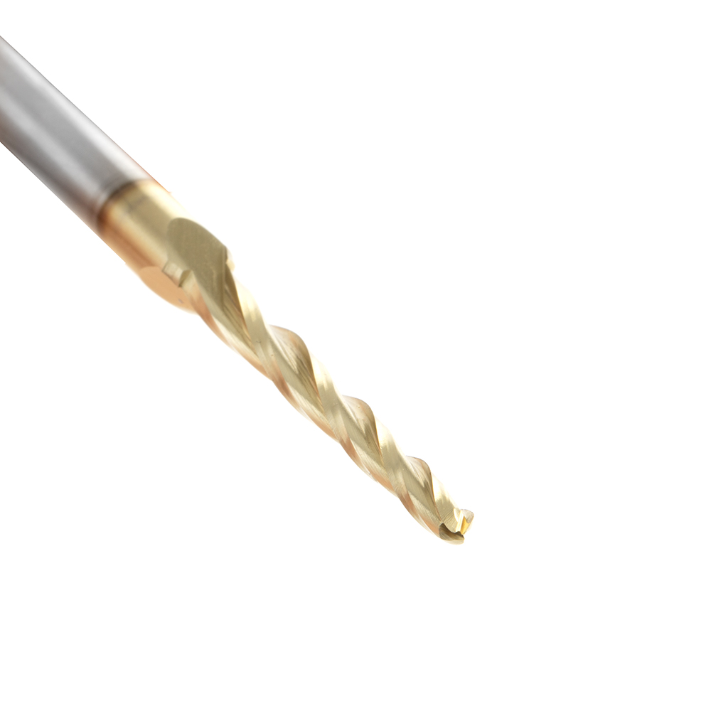 HSS1306 CNC 2D and 3D Carving 1.0 Deg Tapered Angle Ball Tip x 1/8 Dia x 1/16 Radius x 1-1/2 x 1/4 Shank x 3 Inch Long x 3 Flute High Speed Steel (HSS) Up-Cut Spiral ZrN Coated Router Bit