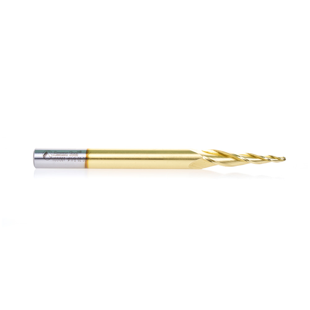 HSS1307 CNC 2D and 3D Carving 5.3 Deg Tapered Angle Ball Tip x 1/8 Dia x 1/16 Radius x 2 x 1/2 Shank x 6 Inch Long x 3 Flute High Speed Steel (HSS) Up-Cut Spiral ZrN Coated Router Bit