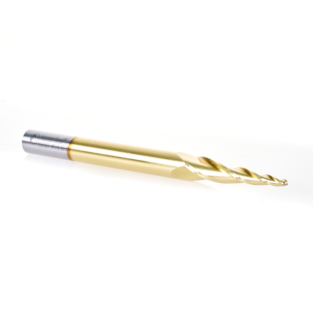 HSS1307 CNC 2D and 3D Carving 5.3 Deg Tapered Angle Ball Tip x 1/8 Dia x 1/16 Radius x 2 x 1/2 Shank x 6 Inch Long x 3 Flute High Speed Steel (HSS) Up-Cut Spiral ZrN Coated Router Bit