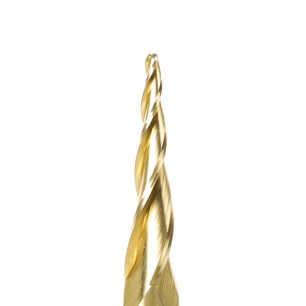 HSS1307 CNC 2D and 3D Carving 5.3 Deg Tapered Angle Ball Tip x 1/8 Dia x 1/16 Radius x 2 x 1/2 Shank x 6 Inch Long x 3 Flute High Speed Steel (HSS) Up-Cut Spiral ZrN Coated Router Bit