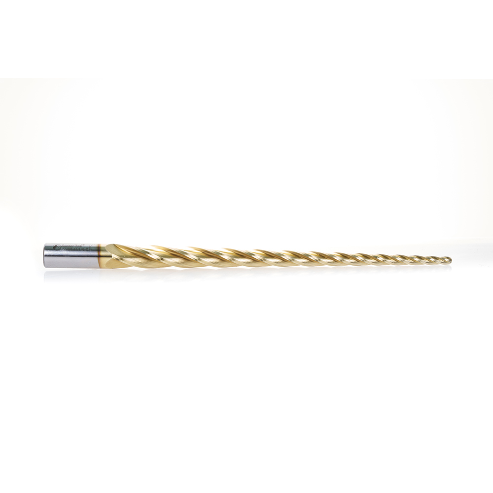 HSS1308 CNC 2D and 3D Carving 1.5 Deg Tapered Angle Ball Tip x 1/4 Dia x 1/8 Radius x 10 x 3/4 Shank x 12 Inch Long x 4 Flute High Speed Steel (HSS) Up-Cut Spiral ZrN Coated Router Bit
