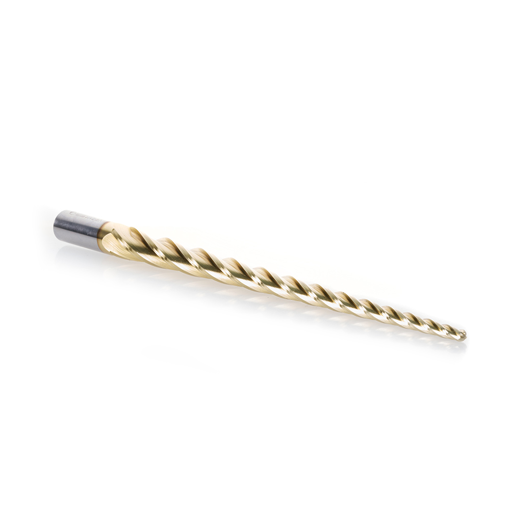 HSS1308 CNC 2D and 3D Carving 1.5 Deg Tapered Angle Ball Tip x 1/4 Dia x 1/8 Radius x 10 x 3/4 Shank x 12 Inch Long x 4 Flute High Speed Steel (HSS) Up-Cut Spiral ZrN Coated Router Bit