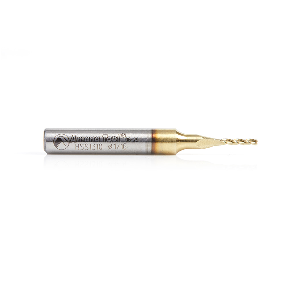 HSS1310 CNC 2D and 3D Carving Flat Bottom 0.10 Deg Angle x 1/16 Dia x 5/16 x 1/4 Shank x 2 Inch Long x 3 Flute High Speed Steel (HSS) ZrN Coated Router Bit