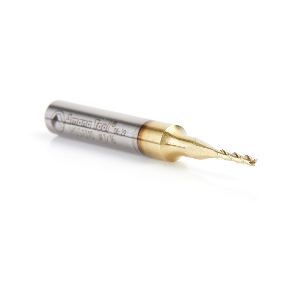 HSS1310 CNC 2D and 3D Carving Flat Bottom 0.10 Deg Angle x 1/16 Dia x 5/16 x 1/4 Shank x 2 Inch Long x 3 Flute High Speed Steel (HSS) ZrN Coated Router Bit