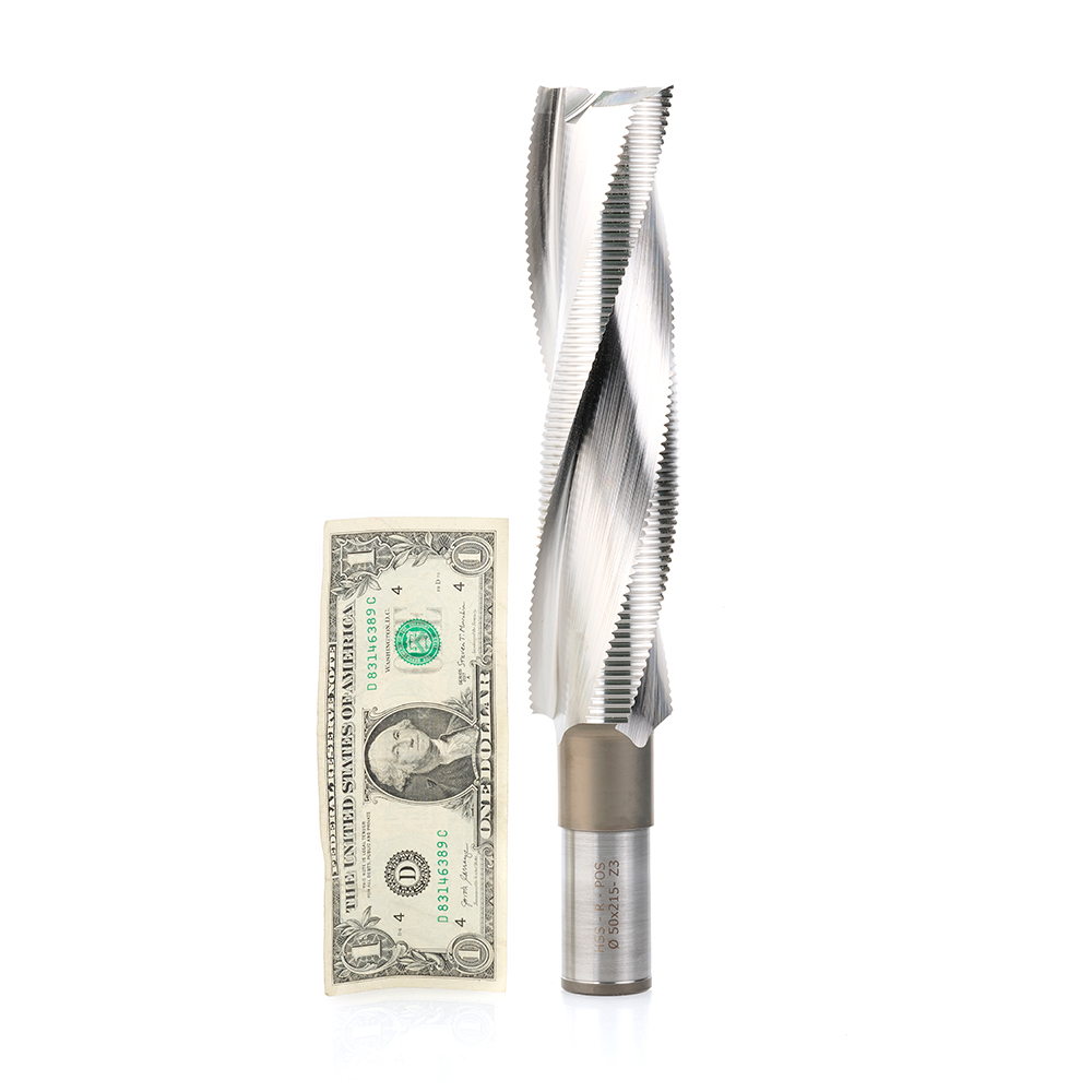 HSS1804 High Speed Steel (HSS) Spiral 3 Flute with Chipbreaker for Hundegger Machines 50mm Dia x 215mm x 30mm Shank Router Bit